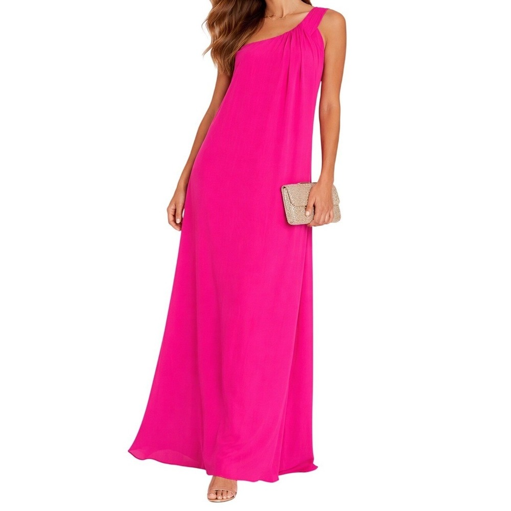 Pomander Place Soleil Maxi Dress One Shoulder Pleated Chiffon Hot Pink Fuchsia M